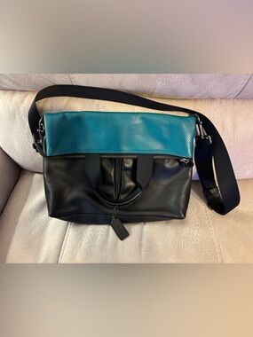 Coach Men's Black and Teal Leather Messenger Bag